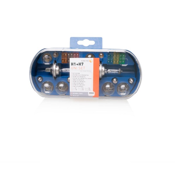 Set becuri rezerva H1 + H7 55W ,Trusa becuri Auto + Sigurante Vecta 19 piese