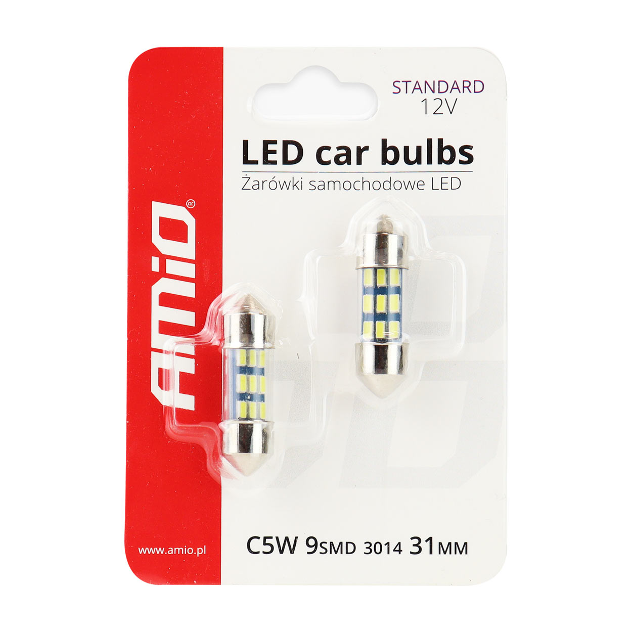 Set 2 becuri auto AMIO , LED 9 SMD 3014, 31mm, 12V, capac sticla, leduri alb sofit Festoon