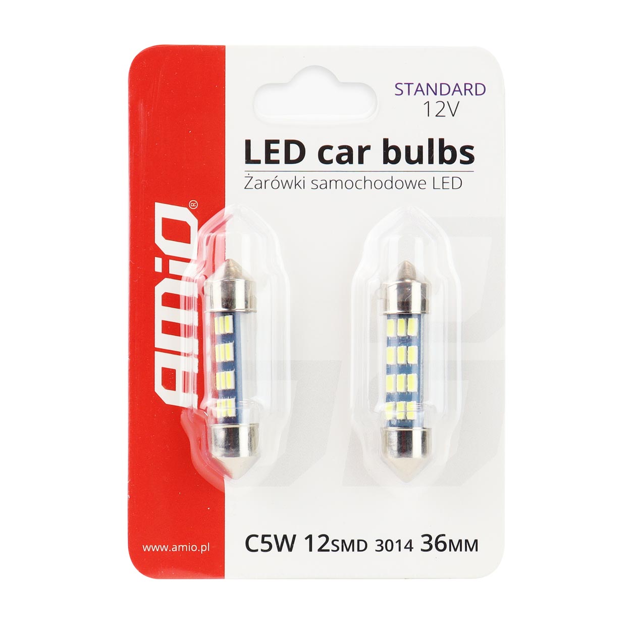 Set 2 becuri auto AMIO , LED, C5W SV8.5-8, 12 SMD 3014, 36mm, 12V, capac sticla, leduri alb sofit Festoon