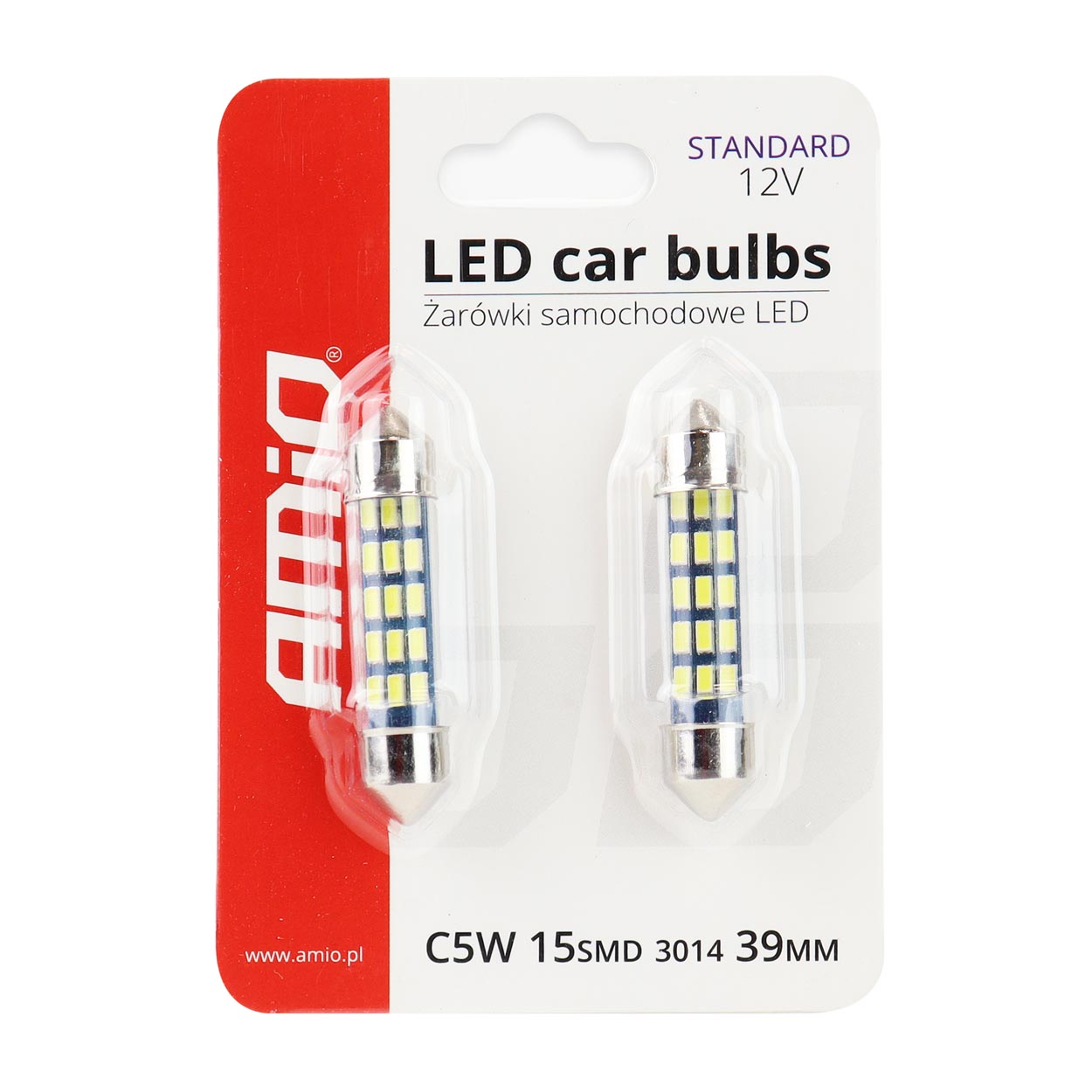 Set 2 becuri auto AMIO , LED, C5W SV8.5-8, 15 SMD 3014, 39mm, 12V, capac sticla, leduri alb sofit Festoon