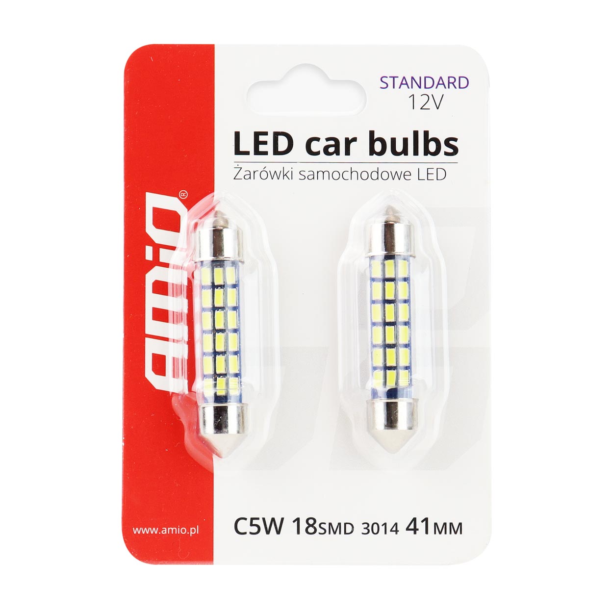 Set 2 becuri auto AMIO , LED, C5W SV8.5-8, 18 SMD 3014, 41mm, 12V, capac sticla, leduri alb sofit Festoon