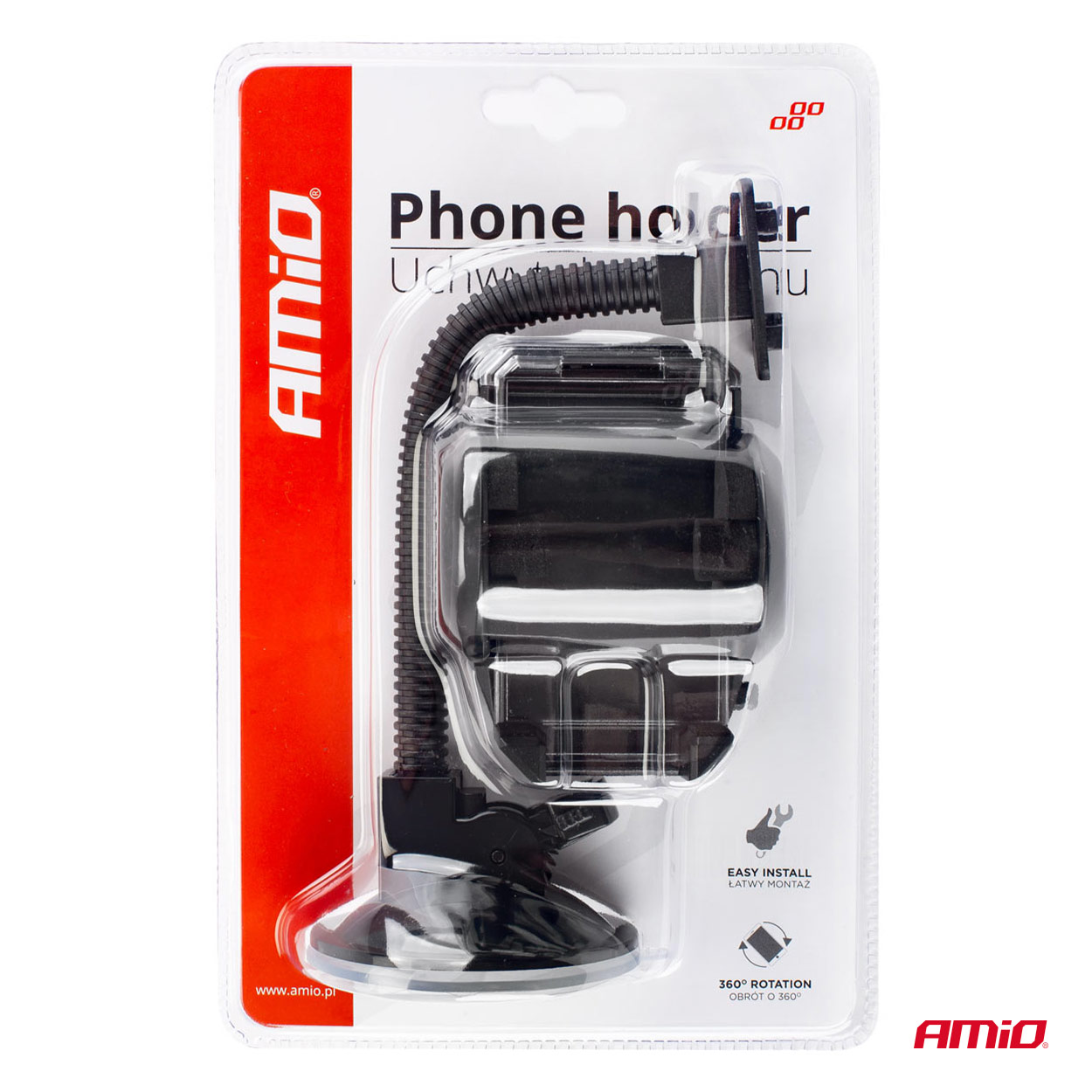 Suport auto pentru telefon AMIO HOLD-03, cu brat flexibil, fixare ventuza, deschidere 50-107mm