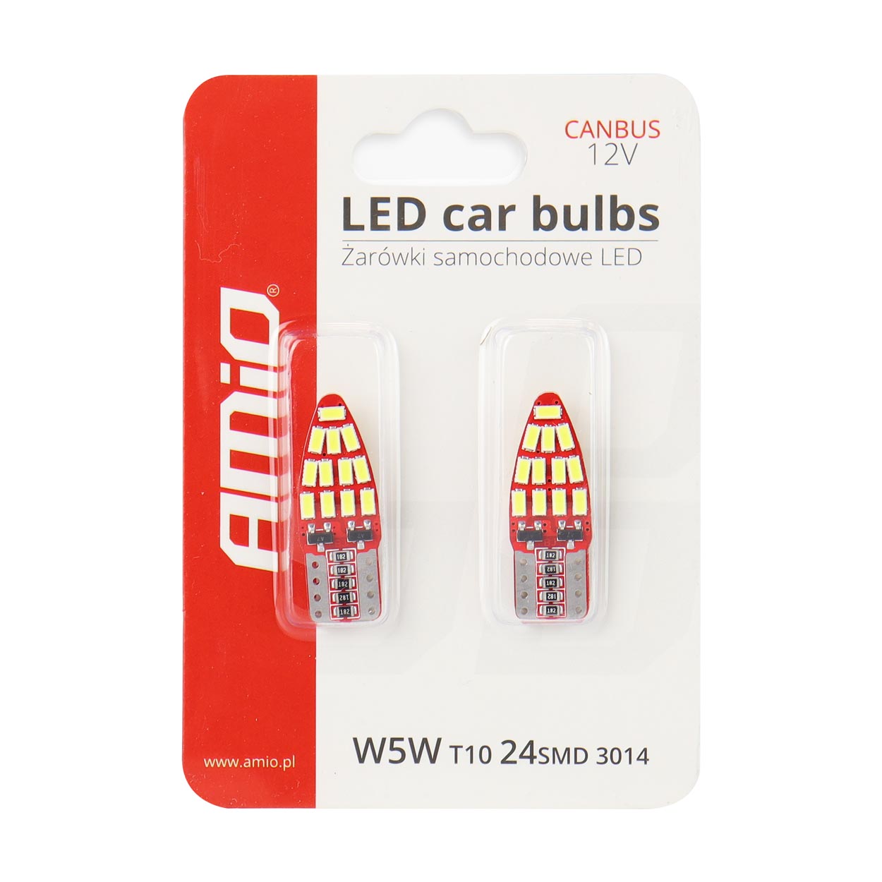 Bec de pozitie tip LED Canbus, T10 W2.1x9.5 W5W, 12V 2.5W, 24 SMD 3014 , culoare alb , AMIO, set 2 buc