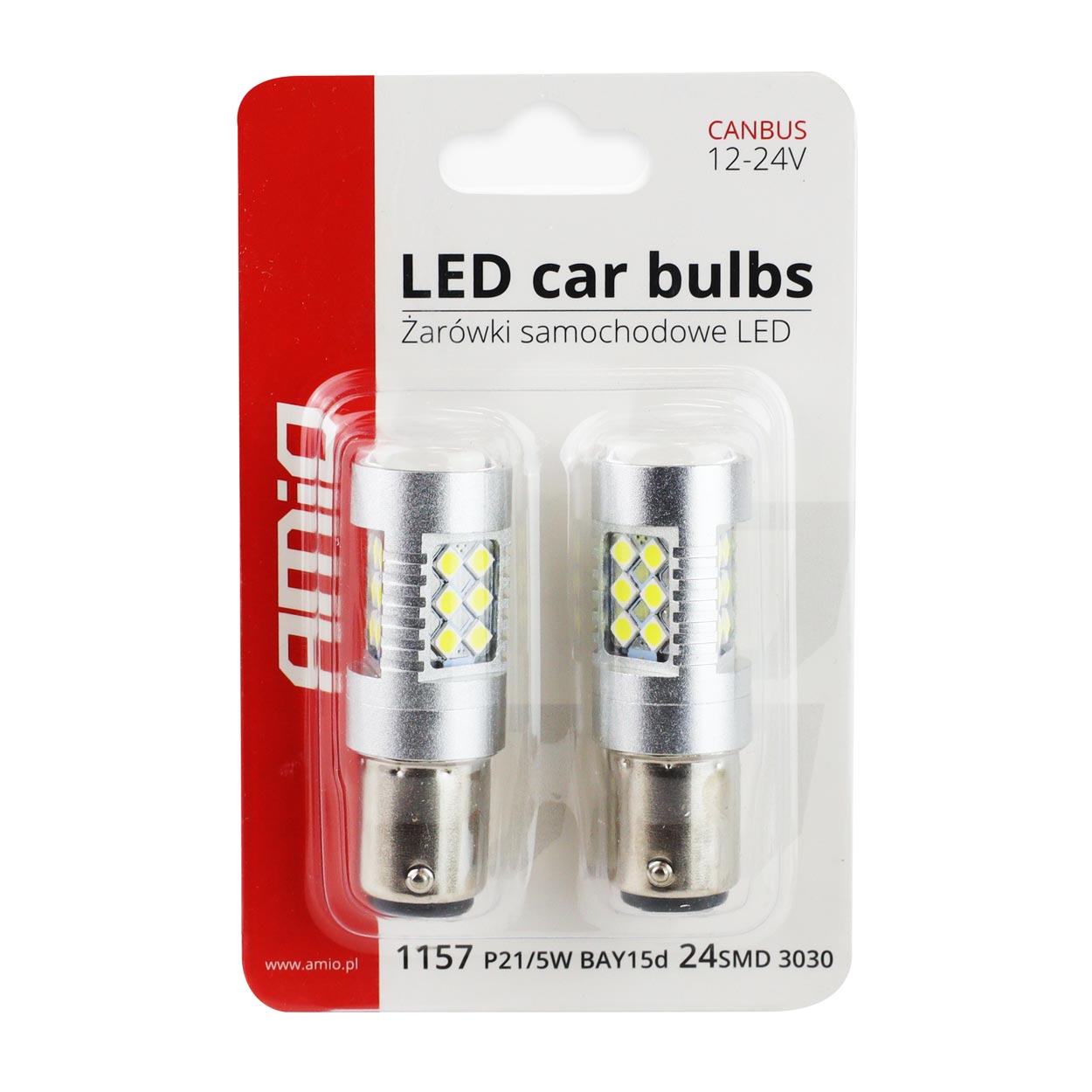 Set 2 becuri auto cu LED AMIO 12-24V, BA15D P21W-5W, 24 SMD 3030