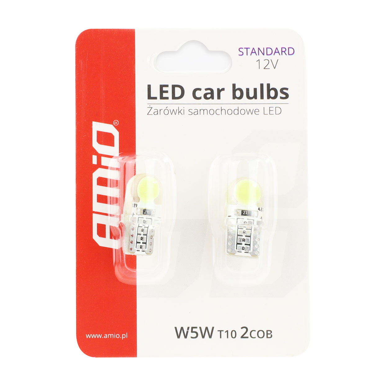 Bec de pozitie tip LED T10 W2.1x9.5 W5W, 12V, 2 LED COB 0.8W, culoare alb, AMIO, set 2 buc
