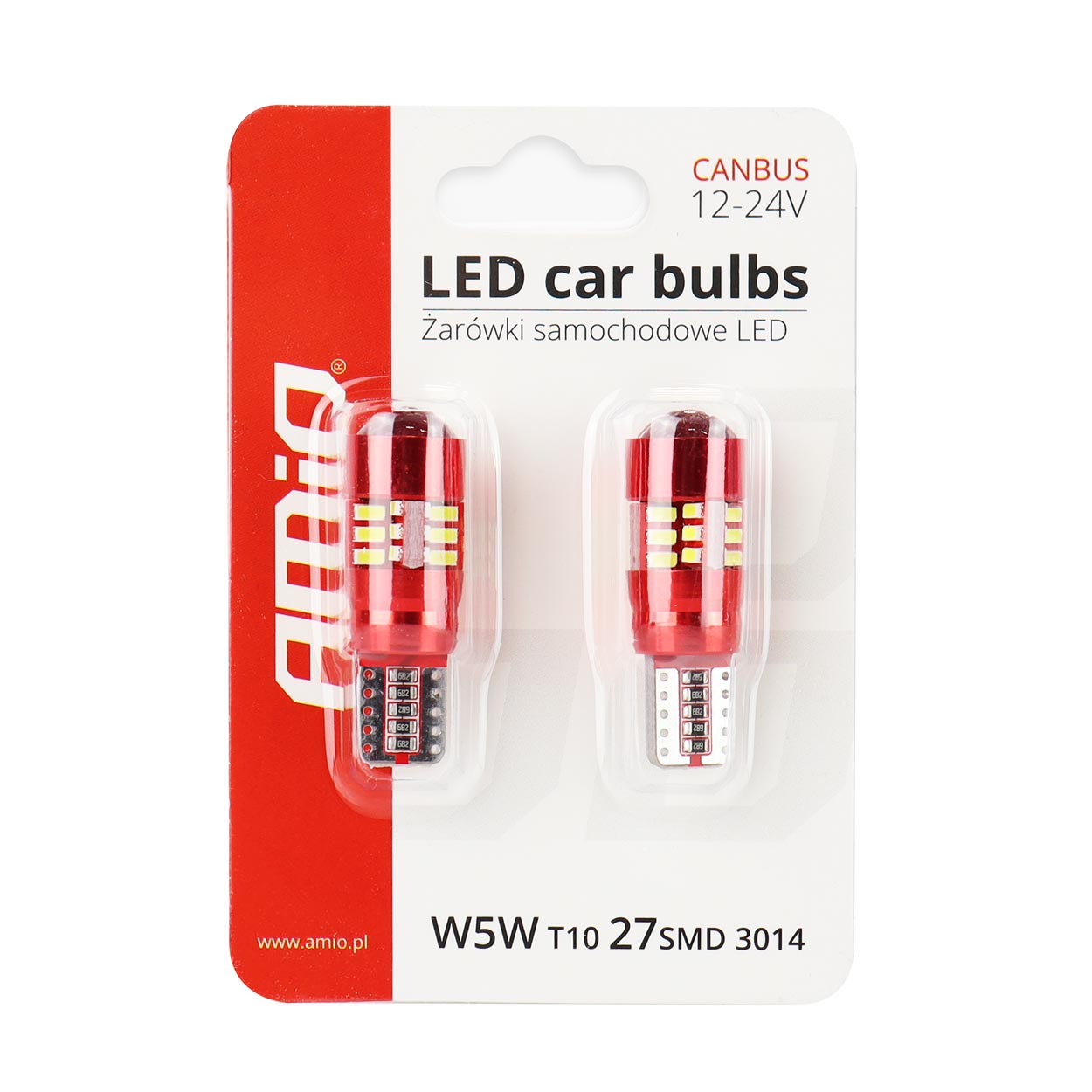 Bec de pozitie tip LED Canbus, T10 W2.1x9.5 W5W, 12-24V 2.5W, 27 SMD 3014 , culoare alb , AMIO, set 2 buc
