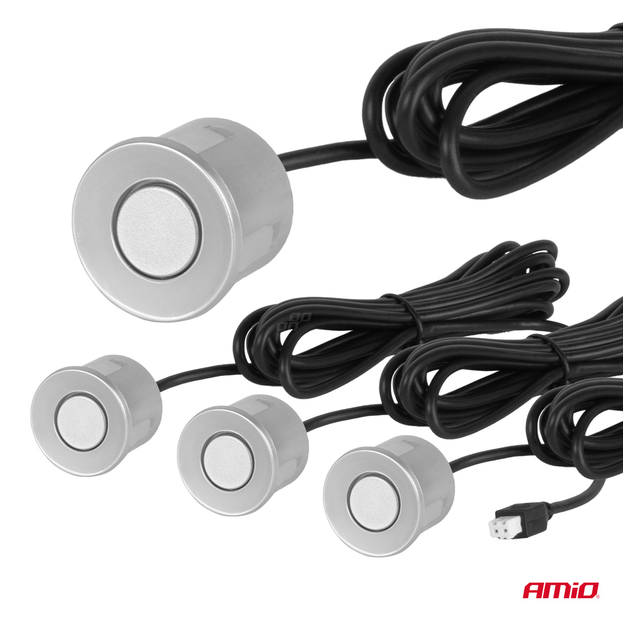 Senzori parcare AMIO cu afisaj si semnalare acustica , 4 senzori argintii 22mm