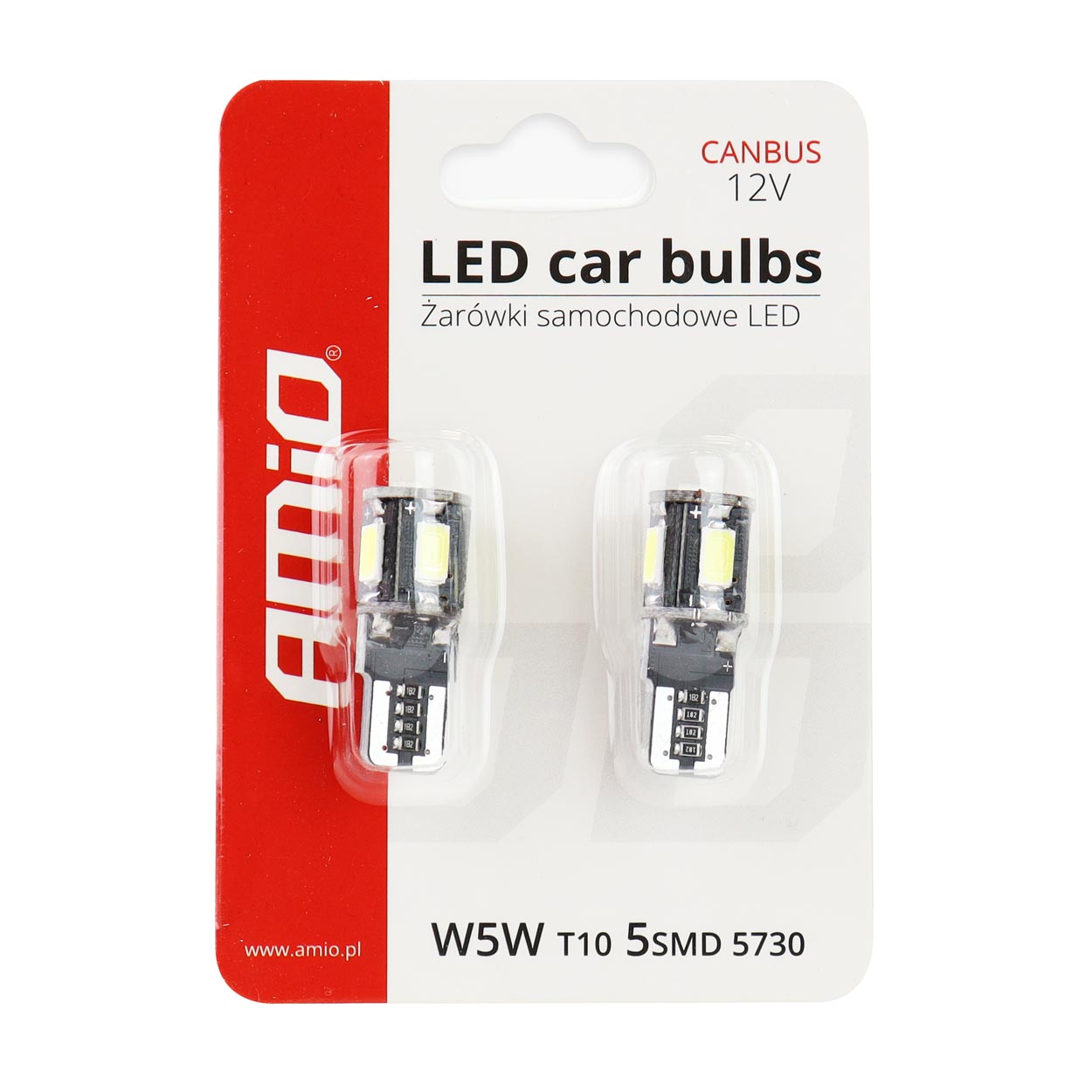Bec de pozitie tip LED Canbus, T10 W2.1x9.5 W5W, 12V 2W, 5 SMD 5730 , culoare alb , AMIO, set 2 buc