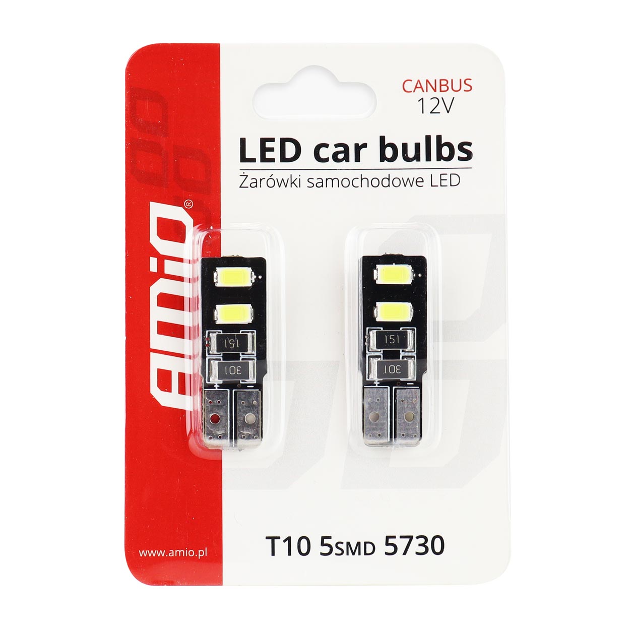 Bec de pozitie tip LED Canbus, T10 W2.1x9.5 W5W, 12V 2W, 4 SMD 5730 , culoare alb , AMIO, set 2 buc