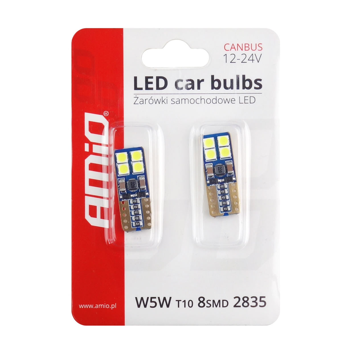 Bec de pozitie tip LED Canbus, T10 W2.1x9.5 W5W, 12-24V, 2W, 8 SMD 2835 , culoare alb , AMIO, set 2 buc