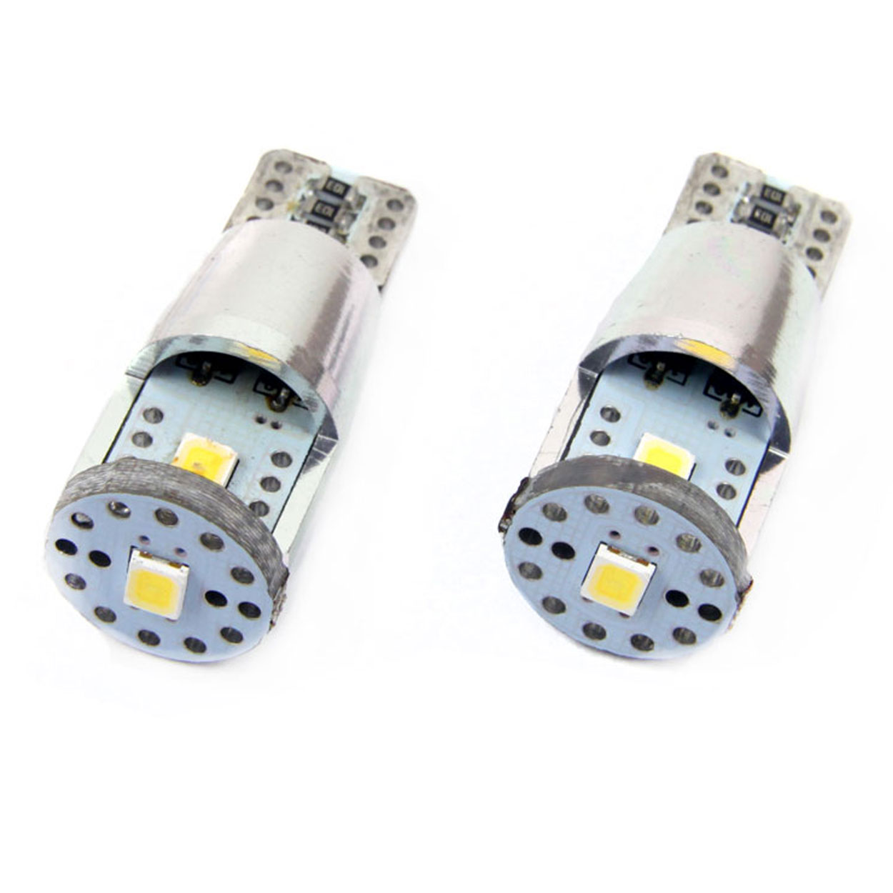 Bec de pozitie tip LED Canbus, T10 W2.1x9.5 W5W, 12V-24V, 3 SMD 2835, 2.4W, culoare alb, carcasa aluminiu, AMIO, set 2 buc