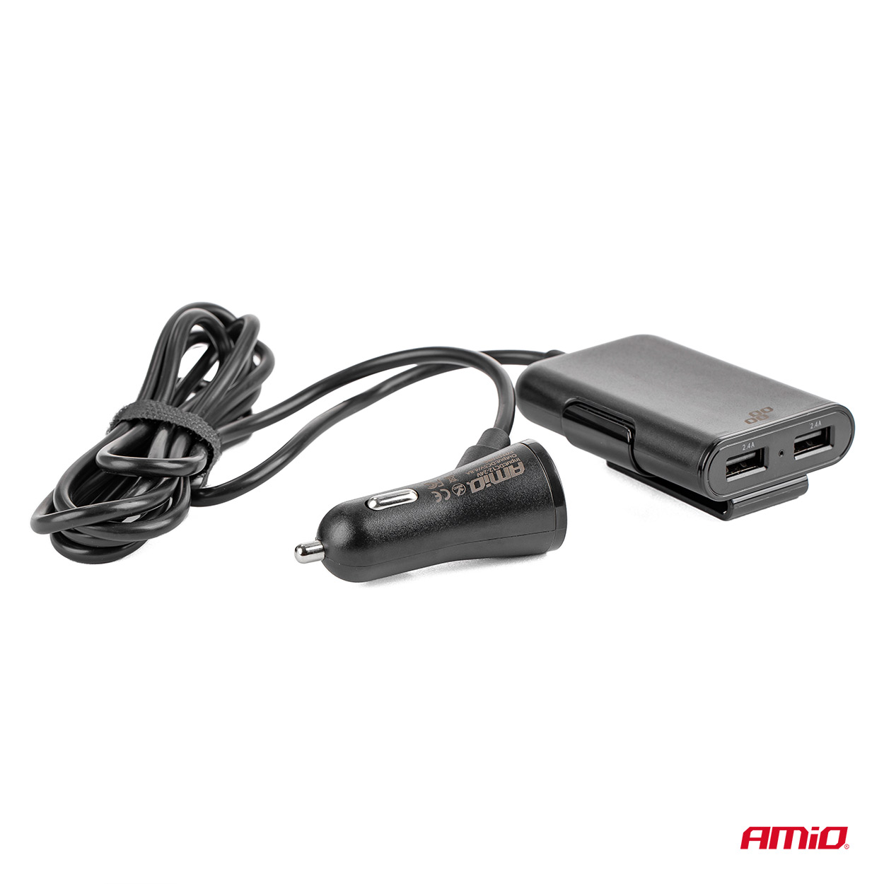 Incarcator auto AMIO 12/24V , 2X USB 2.4A 5V fisa pricheta + 2X USB 2.4A 5V extindere 1.5m pentru pasageri spate