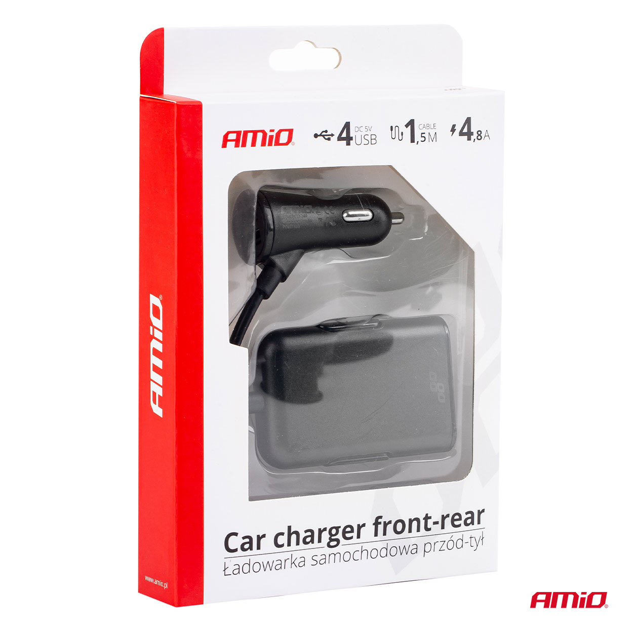 Incarcator auto AMIO 12/24V , 2X USB 2.4A 5V fisa pricheta + 2X USB 2.4A 5V extindere 1.5m pentru pasageri spate