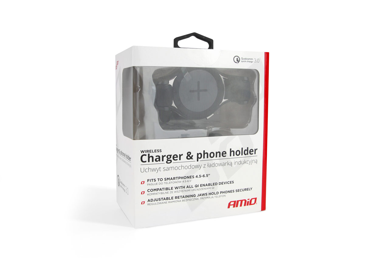 Suport telefon cu incarcare wireless AMIO COMBO QC 3.0 PHW-03, incarcare QI, 10W, 12V-24V