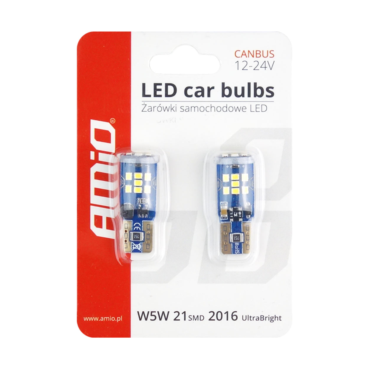 Bec de pozitie tip LED UltraBright Canbus, T10 W2.1x9.5 W5W, 12V-24V, 21 SMD 2016, culoare alb, AMIO, set 2 buc
