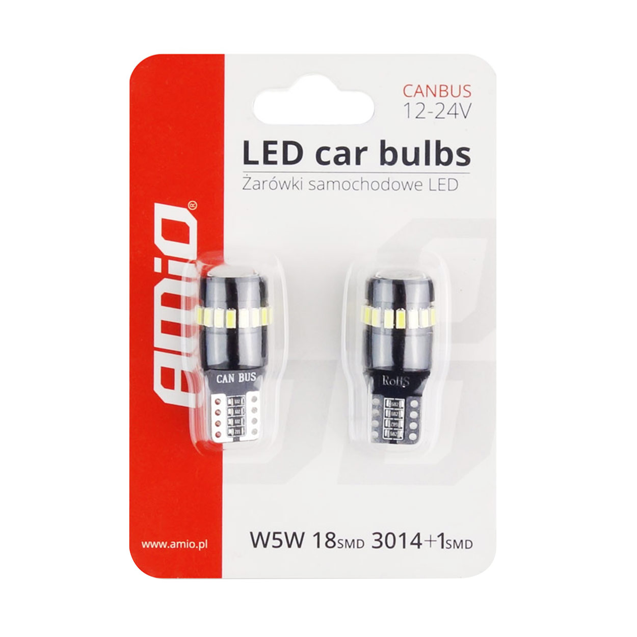 Bec de pozitie tip LED Canbus, T10 W2.1x9.5 W5W, 12V-24V, 18 SMD 3014 + 1SMD, culoare alb, AMIO, set 2 buc