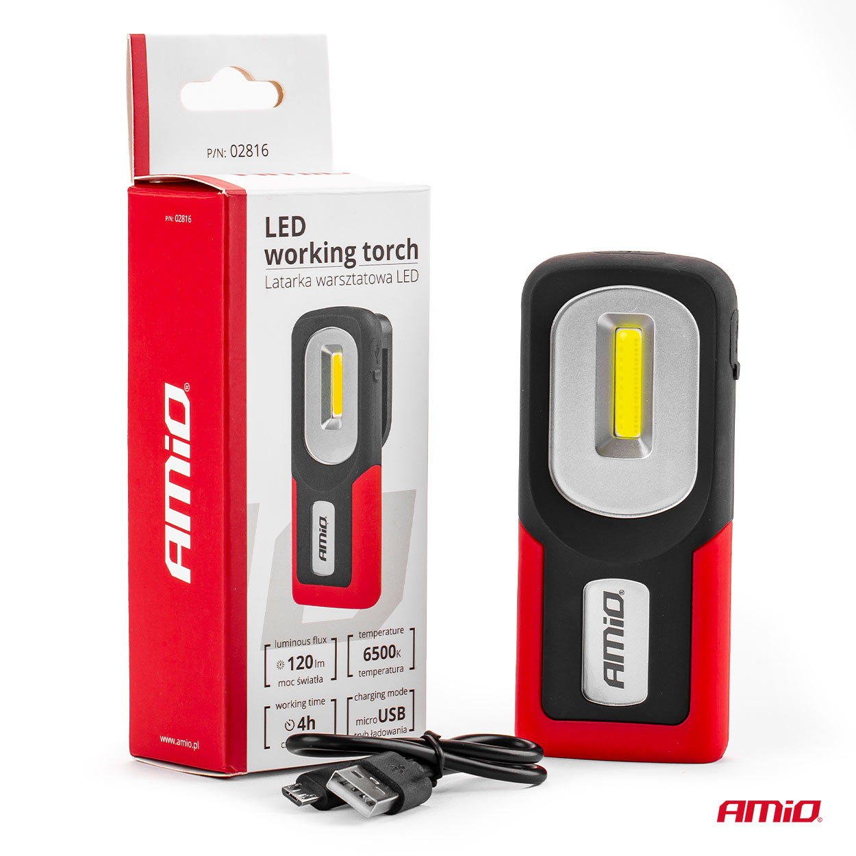 Lampa de lucru cu 1 COB LED, 120lm , carcasa cauciucata, fixare magnet, carlig, acumulator, AMiO WT06