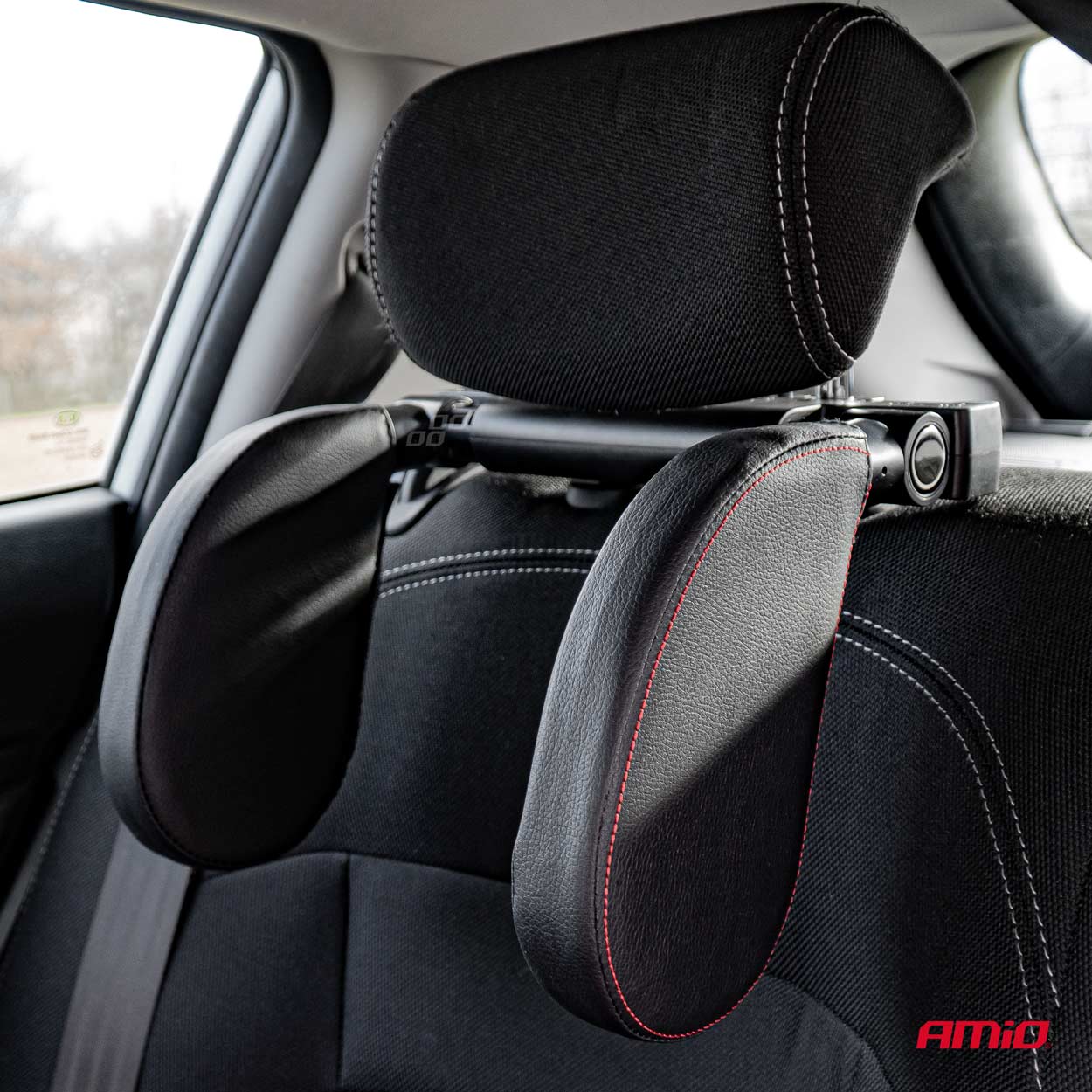 Tetiera ergonomica auto pentru cap si gat, piele ecologica neagra, fixare tetiera, suport lateral pentru cap, AMiO