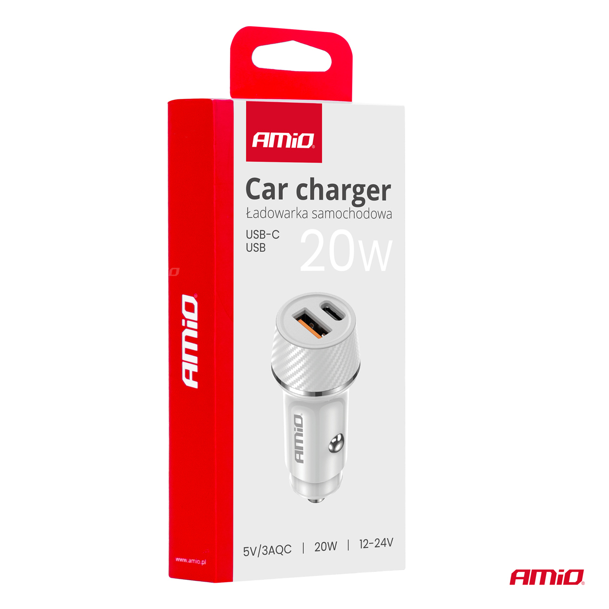 Incarcator auto USB-A + USB-C 20W 12/24V, AMIO, 1 buc