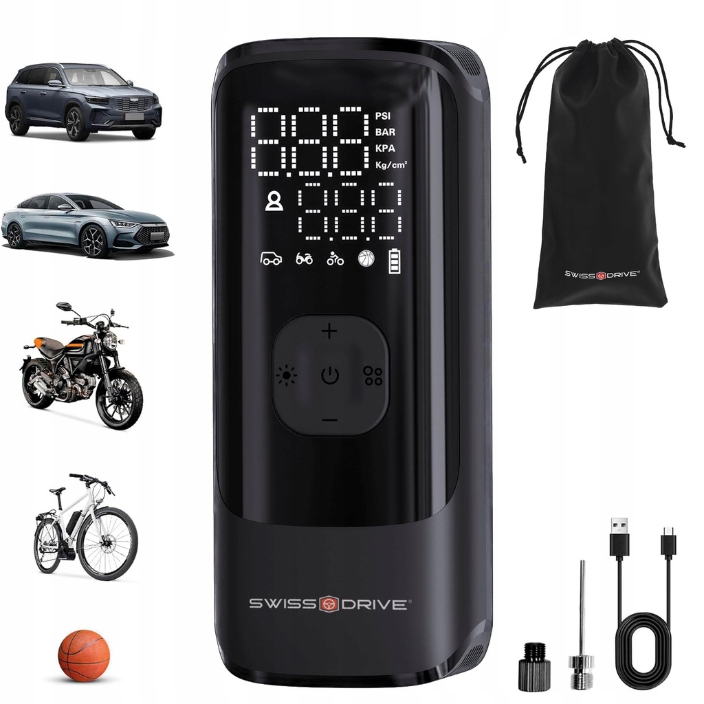 Compresor de aer portabil 150 PSI, pompa rapida anvelope cu afisaj LCD, lanterna LED si baterie reincarcabila USB