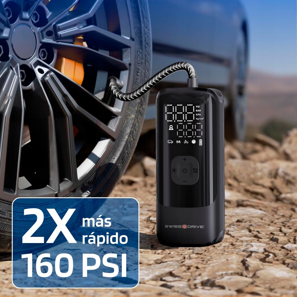 Compresor de aer portabil 150 PSI, pompa rapida anvelope cu afisaj LCD, lanterna LED si baterie reincarcabila USB