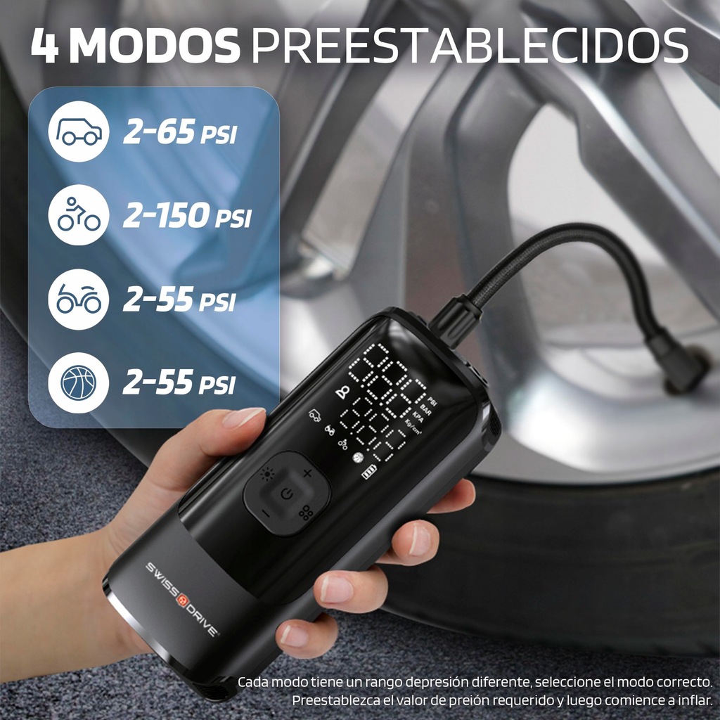 Compresor de aer portabil 150 PSI, pompa rapida anvelope cu afisaj LCD, lanterna LED si baterie reincarcabila USB