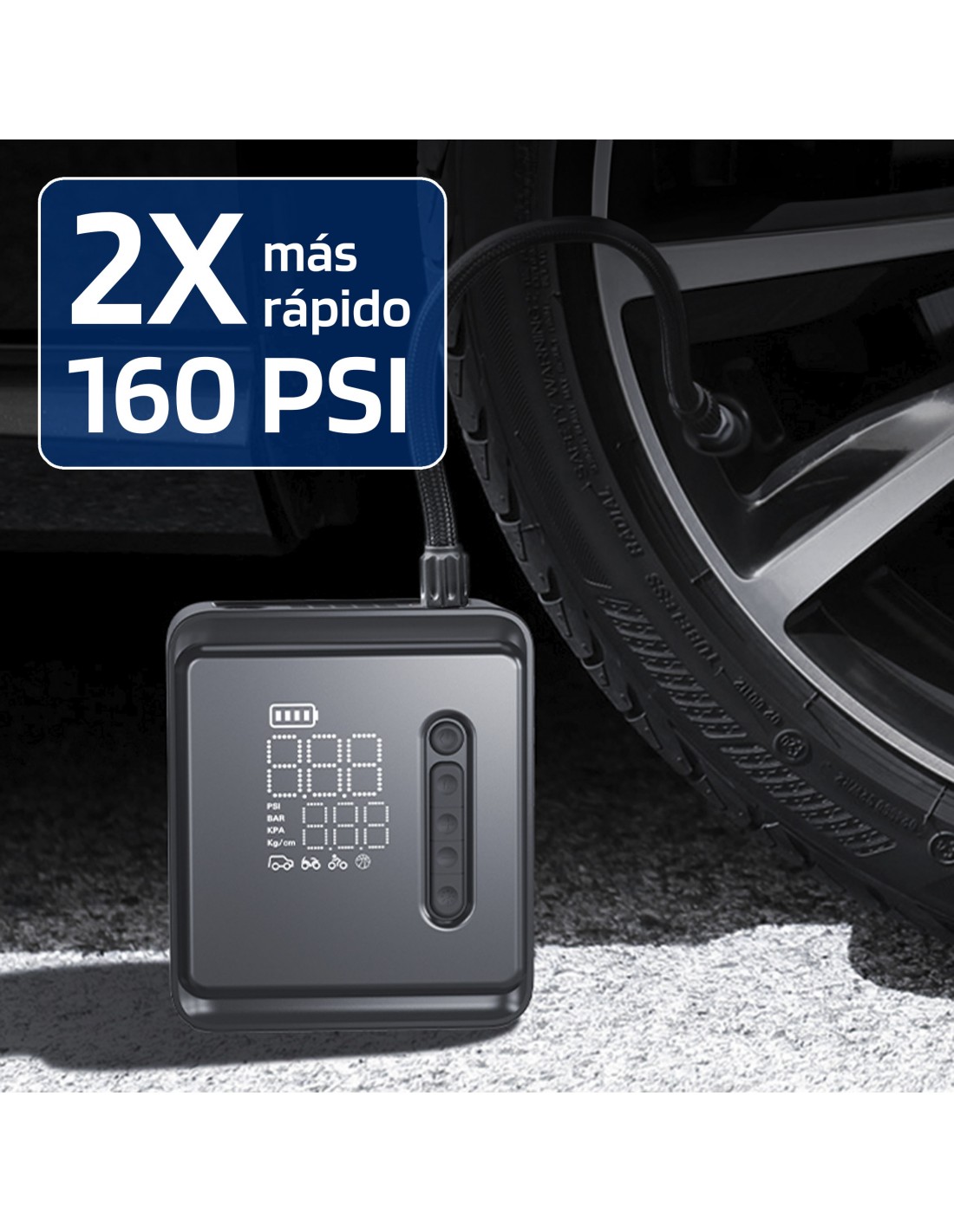 Mini compresor de aer portabil 150 PSI, 10.3 Bar, 12V, 120W cu baterie reincarcabila, iluminare LED si 5 moduri presetate