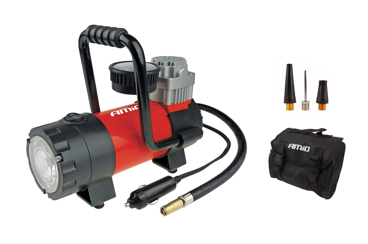 Compresor aer pentru masina, 12V HQ, lanterna LED, 7 Bar, max 100 PSI, 35L/min, manometru; AMIO