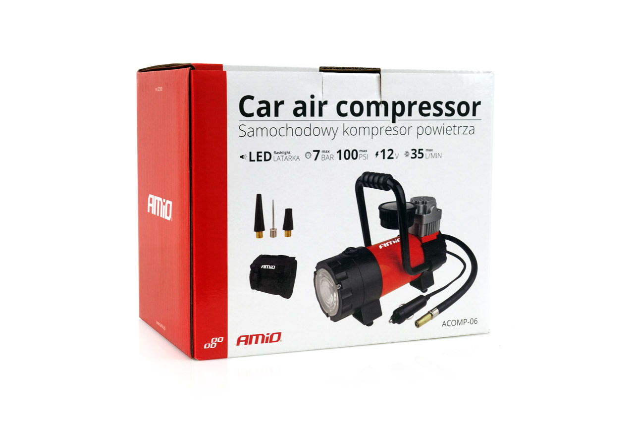 Compresor aer pentru masina, 12V HQ, lanterna LED, 7 Bar, max 100 PSI, 35L/min, manometru; AMIO