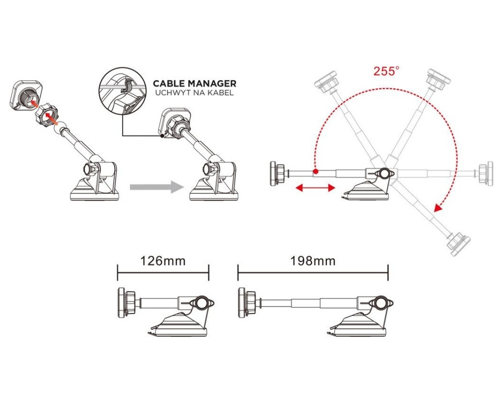 Suport magnetic auto pentru telefon, cu brat telescopic 126-198mm, rotire 360, Premium HOLD-14, AMIO