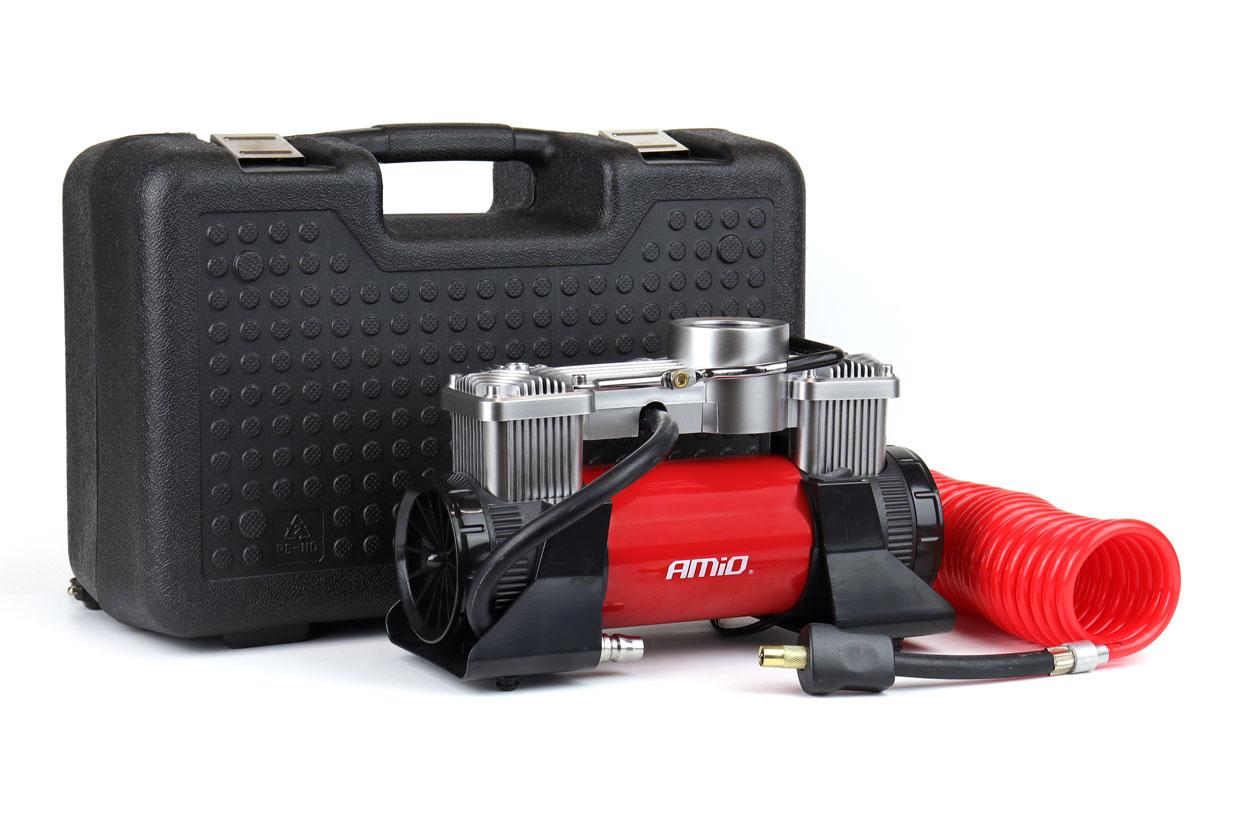 Compresor aer pentru masina, 12V HQ, 2 cilindri, 150PSI, 60L/min, 30A, furtun 5m, cablu 3m, conectare borne ACOMP-18; AMIO