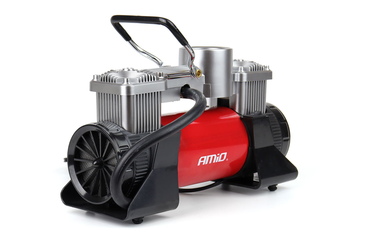 Compresor aer pentru masina, 12V HQ, 2 cilindri, 150PSI, 60L/min, 30A, furtun 5m, cablu 3m, conectare borne ACOMP-18; AMIO