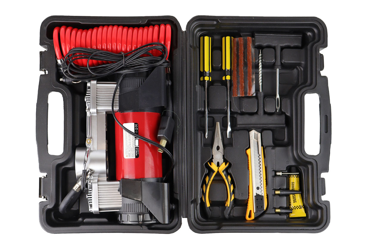 Compresor aer pentru masina, 12V HQ, 2 cilindri, 150PSI, 60L/min, 30A, furtun 5m, cablu 3m, conectare borne ACOMP-18; AMIO