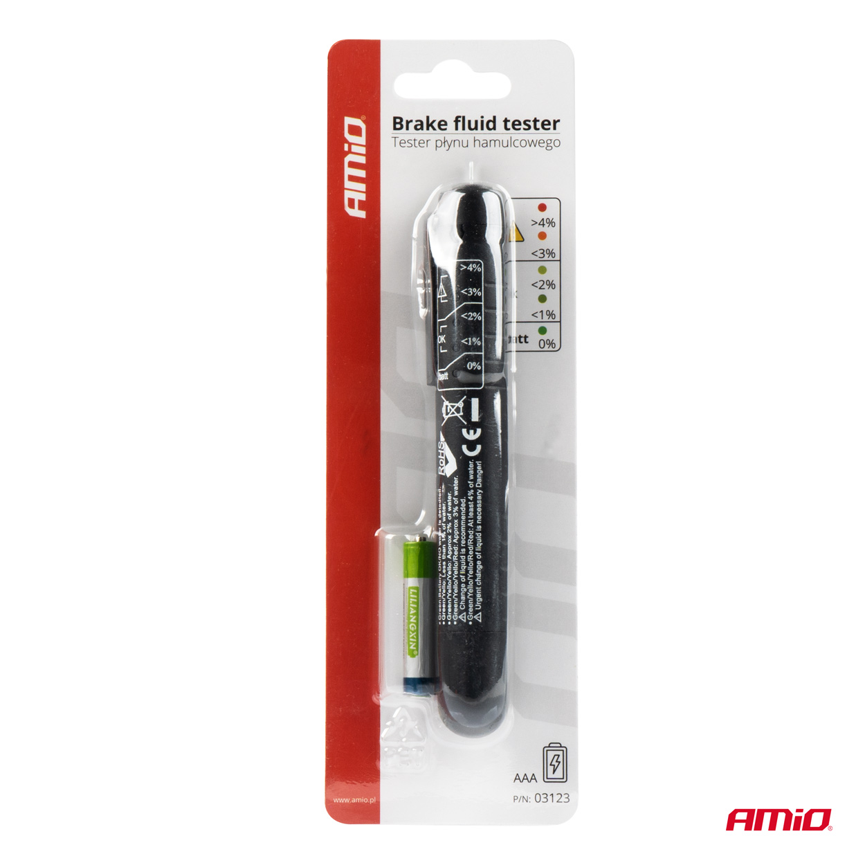 Tester lichid frana; DOT 3, DOT 4, DOT 5, DOT 5.1, electronic, indicator LED; AMIO