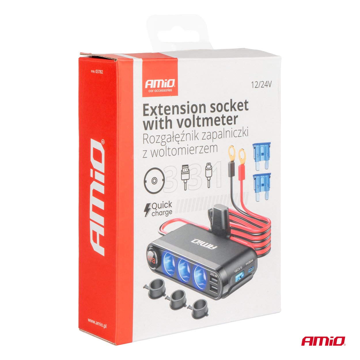 Triplu stecher bricheta, priza cu prelungitor, cu volmetru 12V/ 24V, 2x USB 2.0 2.4V, 1xUSB 3.0 , 1x USB C 30W
