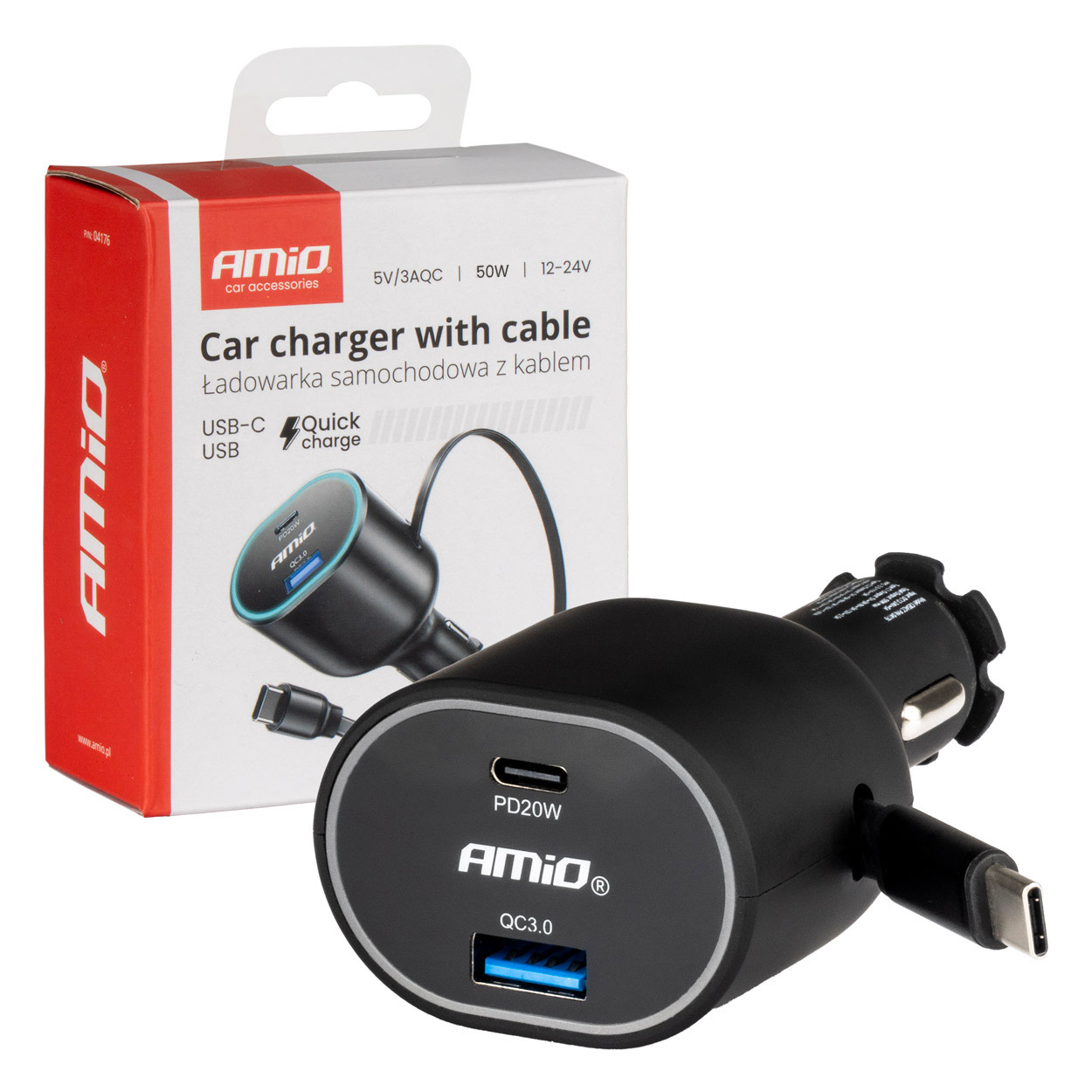 Incarcator auto la priza bricheta, iesire USB QC 3.0, + 2x USB C + USB C cablu retractabil, 20W incarcare rapida ; AMIO
