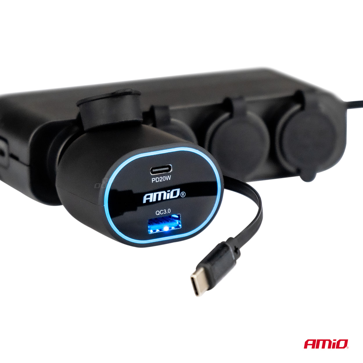 Incarcator auto la priza bricheta, iesire USB QC 3.0, + 2x USB C + USB C cablu retractabil, 20W incarcare rapida ; AMIO
