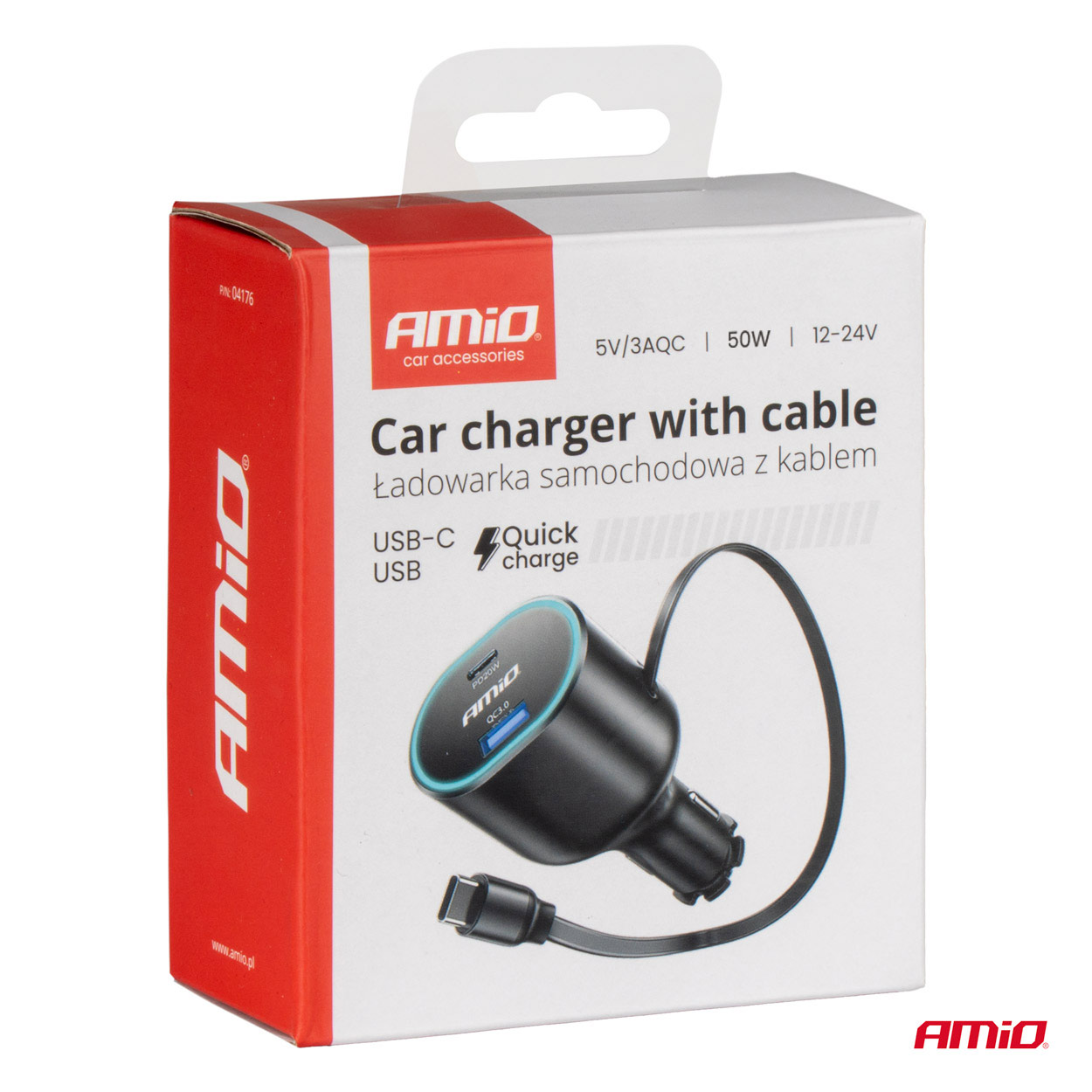 Incarcator auto la priza bricheta, iesire USB QC 3.0, + 2x USB C + USB C cablu retractabil, 20W incarcare rapida ; AMIO
