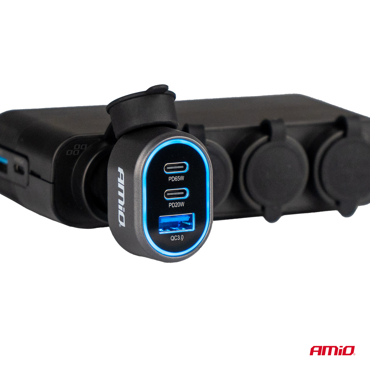 Incarcator auto la priza bricheta USB QC 3.0 + 2x USB C, 20W/65W; incarcare rapida AMIO