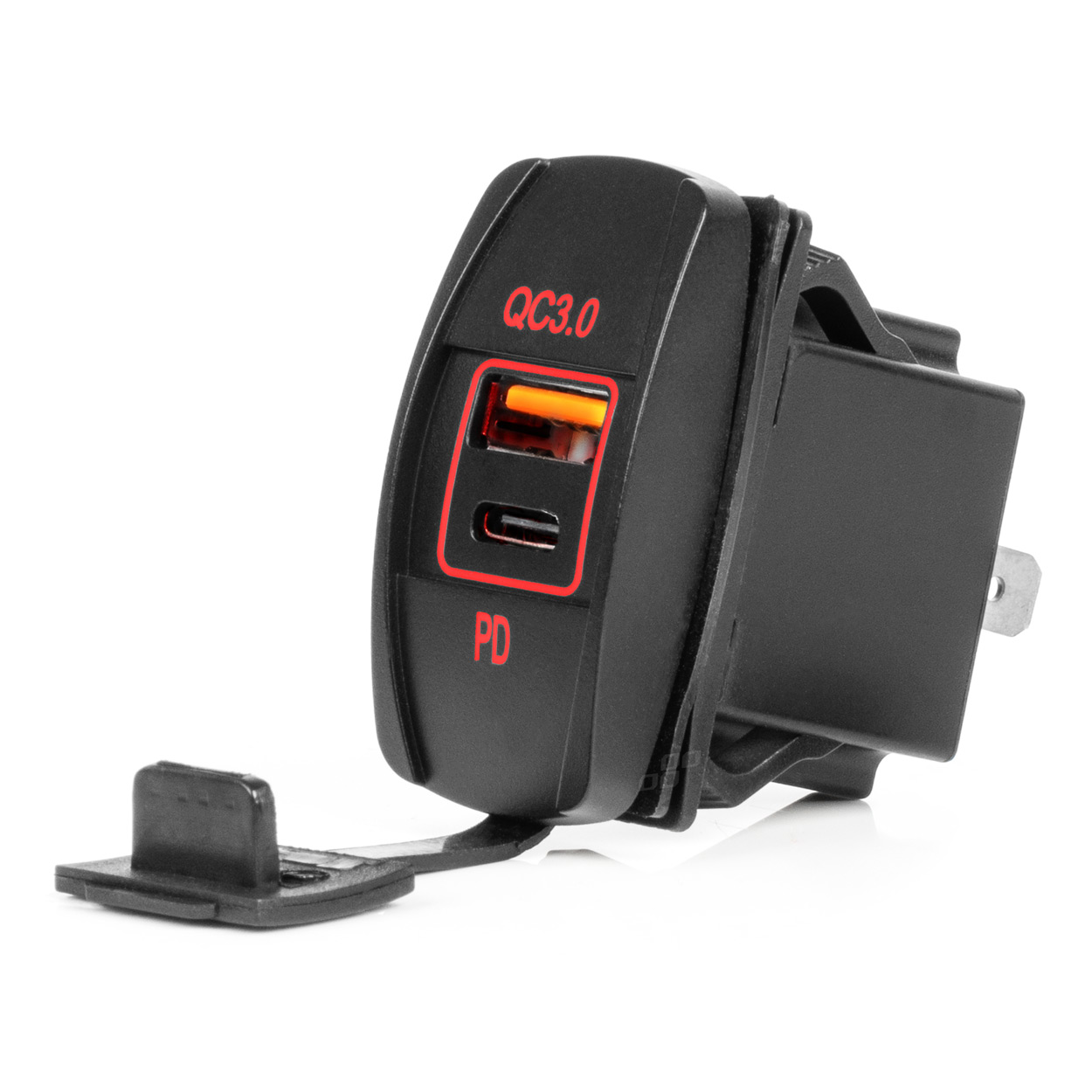 Priza cu 2 USB, cu LED rosu, 12-24V, USB + USB-C QC3.0 12V 24V, incastrabila, rezistent la apa
