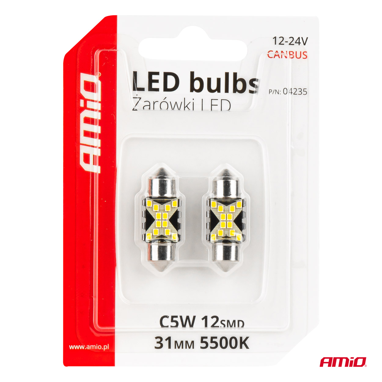 Bec auto LED CANBUS 12SMD Festoon C5W 2016 31mm, alb, 12/24V; set 2 buc AMIO