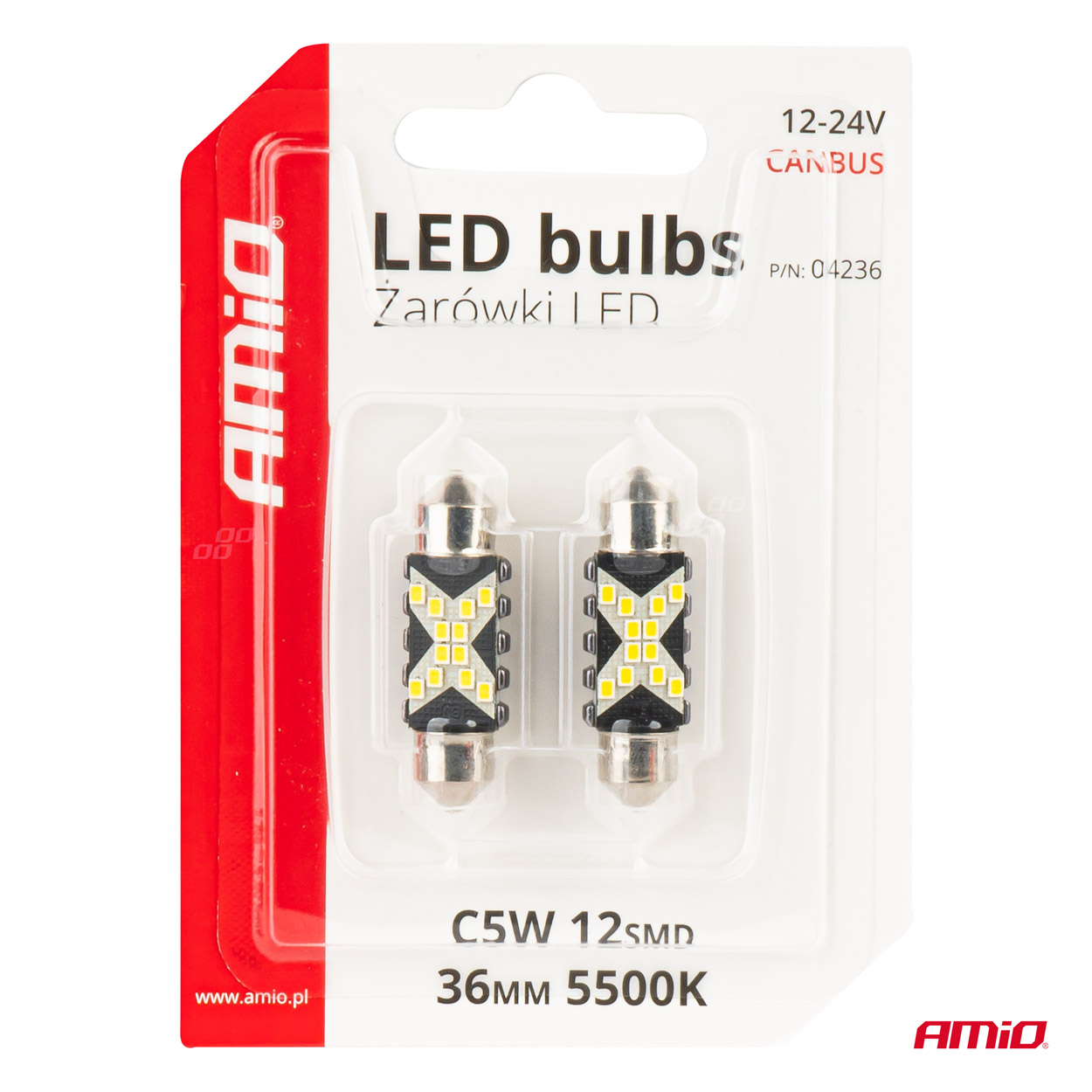 Bec auto LED CANBUS 12SMD Festoon C5W 2016 36mm, alb, 12/24V, set 2 buc ; AMIO