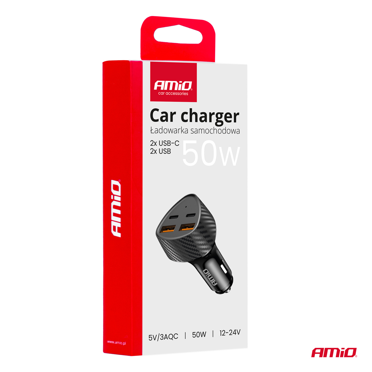 Incarcator auto la priza bricheta 2xUSB A + 2xUSB C, Incarcare rapida 50W; AMIO
