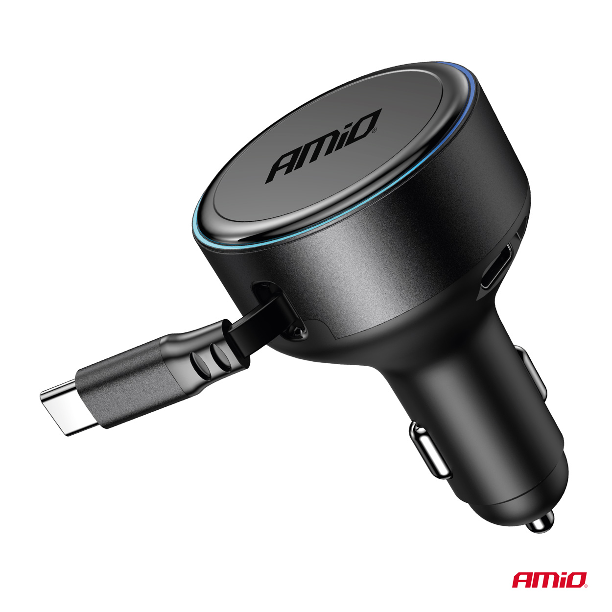 Incarcator auto la priza bricheta, cablu USB-C retractabil + port USB-C, 12/24V, 60W, Incarcare rapida; AMIO