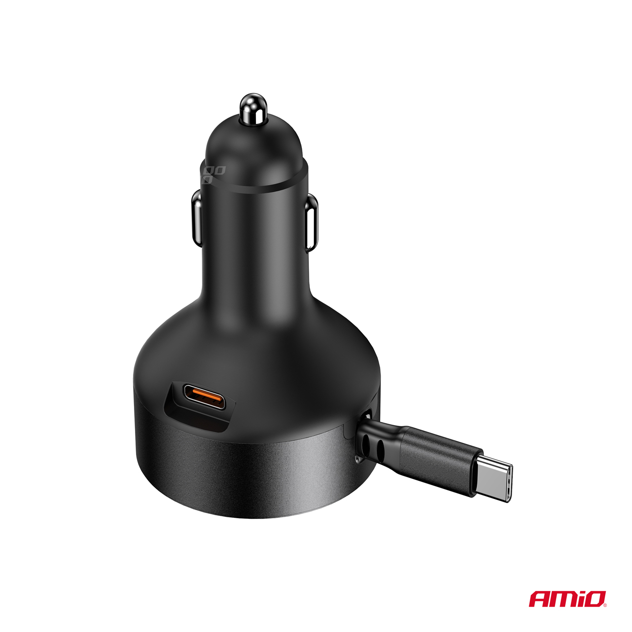 Incarcator auto la priza bricheta, cablu USB-C retractabil + port USB-C, 12/24V, 60W, Incarcare rapida; AMIO