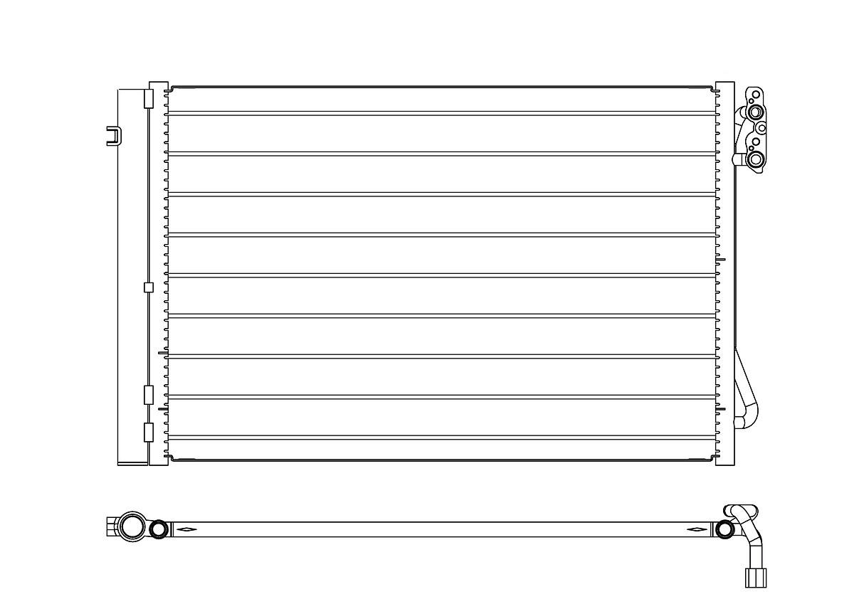 Condensator climatizare AC BMW Seria 1 E87/E88/E81/E82 04-11, 3 E90/E91/92/93 05-13, X1 E84 09-15, Z4 E89 09-, motor: 1.6, 2.0, 3.0 R6, 3.0 R6 T, Condensator cu uscator integrat , 620(580)x400(385)x16, brazat, 64509169772; 64509169791