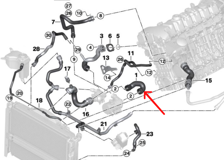 Furtun radiator Bmw Seria 1 E87/E88/E81/E82 04-11, 3 E90/E91/92/93 05-13, 5 E60/E61 03-10, 6 E63/E64 04-11, 7 E65/E66 02-08, X1 E84 09-15, X3 E83 04-11, X5 E70 07-13, Z4 E85/86 03-09, Z4 E89 09-, motor: 3.0 R6, Cauciuc, 11537521049; 7521049