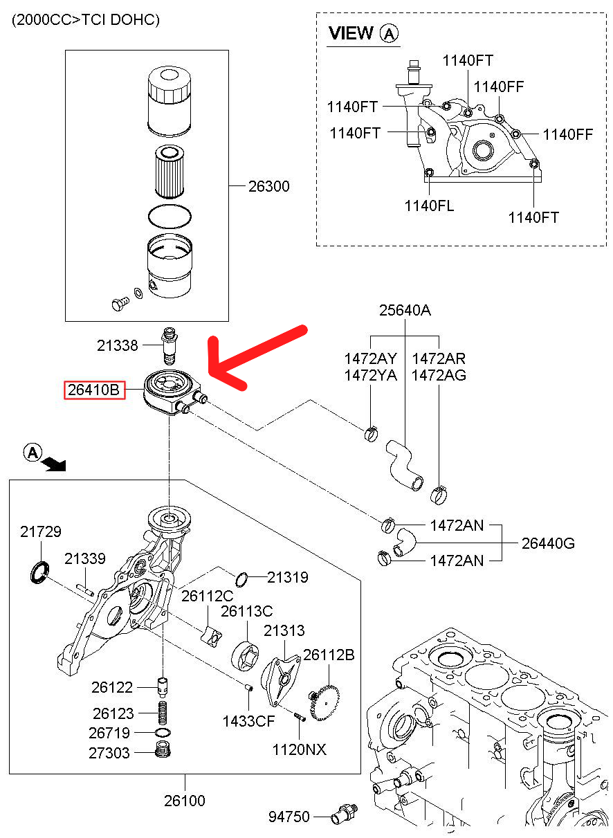 Radiator racire ulei motor, termoflot Hyundai Accent 00-06, Elantra 00-06, Getz 02-11, Matrix 01-10, Santa Fe 00-06, Trajet 99-08, Tucson 04-10; Kia Carens 02-06, Cerato 04-08, Sportage 05-10, motor: 1.5 CRDI, garnituri incluse, 2641027000