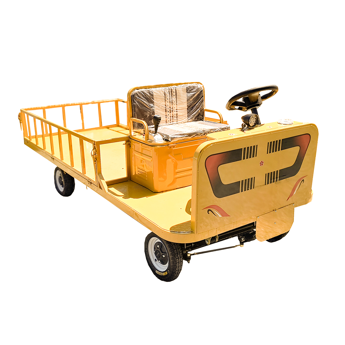 Carucior platforma electrica transport marfa THOR cu bancheta si obloane, 1200W, 60V, baterie 20Ah, viteza 15-30 km/h, sarcina maxima 1000Kg, 2.5x1.25m, anvelopa 3.00-8, frana tambur