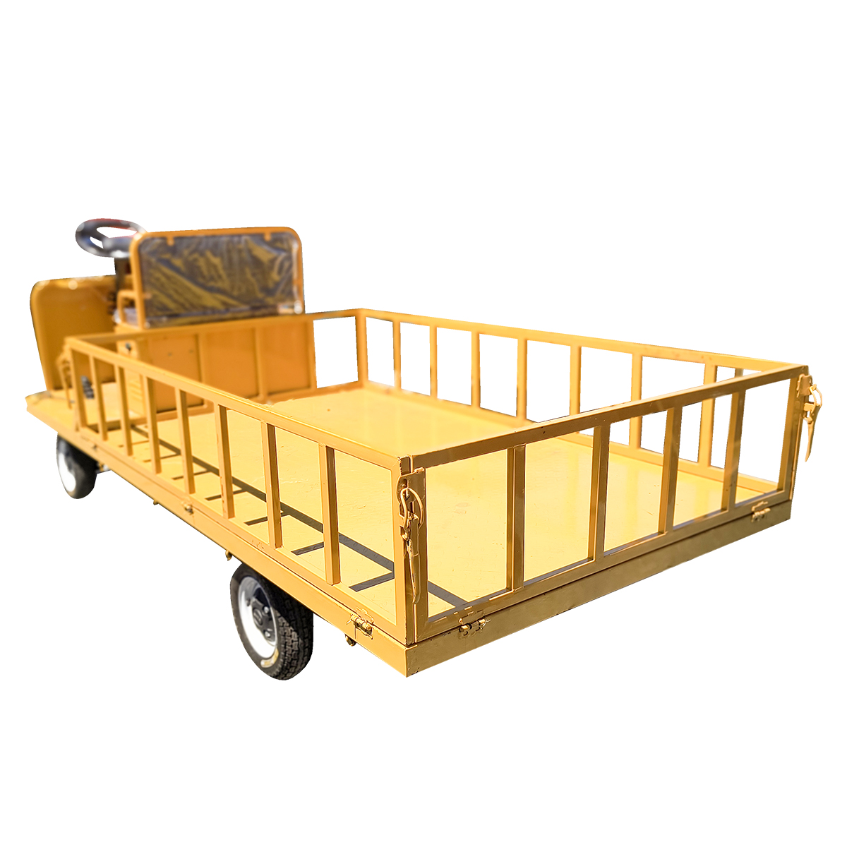 Carucior platforma electrica transport marfa THOR cu bancheta si obloane, 1200W, 60V, baterie 20Ah, viteza 15-30 km/h, sarcina maxima 1000Kg, 2.5x1.25m, anvelopa 3.00-8, frana tambur